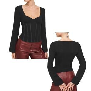 Reformation 'Amina' Corset Top, Fitted Long Sleeve Sweetheart Neck Black, Size 2
